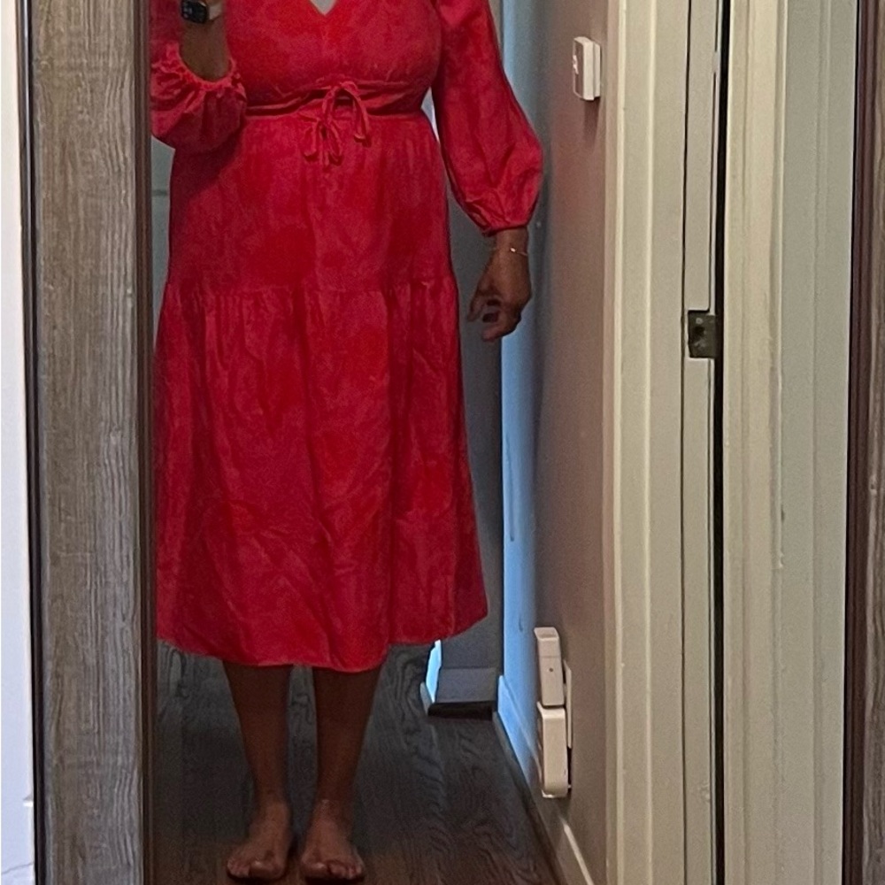 Kate Spade Red Midi Dress with Bishop Sleeves and V-Neck
